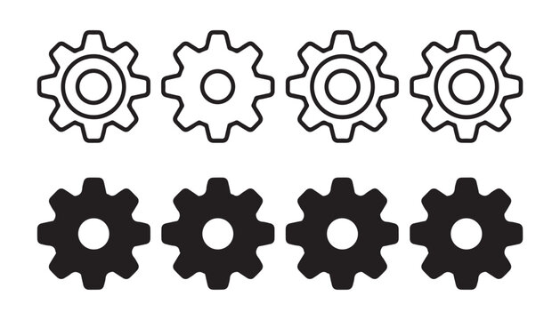 Gear wheels vector icon set, smooth rounded teeth, thin and thick line style, plain and filled variations.
