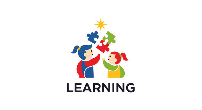 Two children playing with colorful puzzle pieces under a shining star.