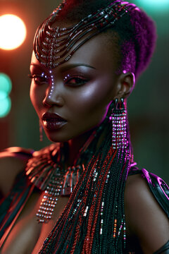 african cyberpunk queen with tribal jewelry, futuristic african beauty in traditional ornaments, tribal african woman portrait in cyberpunk style