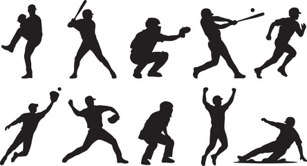 Baseball player silhouettes collection, pitcher batter catcher runner fielder icons, sports action poses, black outline illustration, athletic design art © MOSTSHAHANAJ