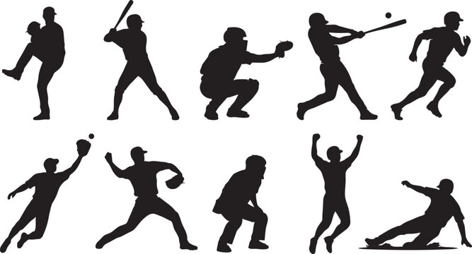 Baseball player silhouettes collection, pitcher batter catcher runner fielder icons, sports action poses, black outline illustration, athletic design art