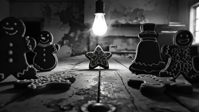 Black and White Christmas Cookies Tabletop Scene Illuminated by Hanging Light Festive Holiday Arrangement