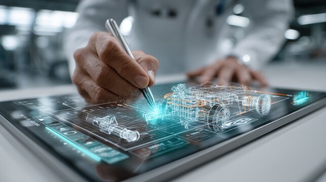 Engineer designing a product on a tablet with holographic 3D models, simulations, and engineering data graphics.