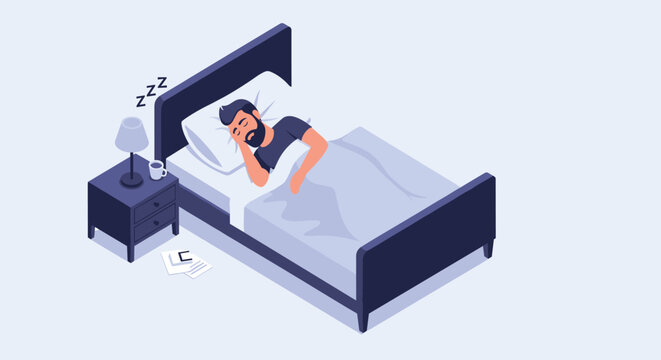 Peaceful man sleeping soundly in a dark bed with a pillow and blanket, accompanied by floating ZZZ icons for sleep.