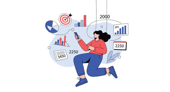 Dynamic illustration of a woman floating in the air while using a smartphone, surrounded by various financial data and chart icons.