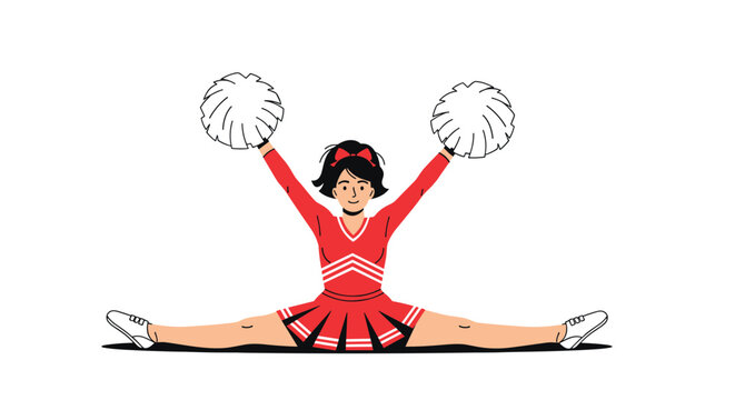 Athletic female cheerleader in a red and white uniform performing a full split while holding white fluffy pom-poms high.