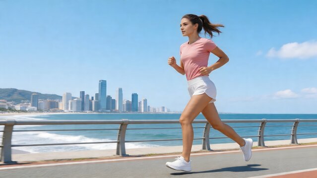 Woman running along seaside path