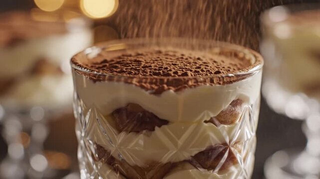 A close-up of rich cocoa powder being delicately sprinkled over a creamy, layered sweet treat presented in an elegant glass, creating a truly indulgent experience