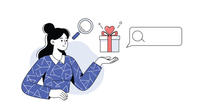 Young woman in a patterned blue shirt presenting a gift box with a heart symbol while search icons like magnifying glass float around her.