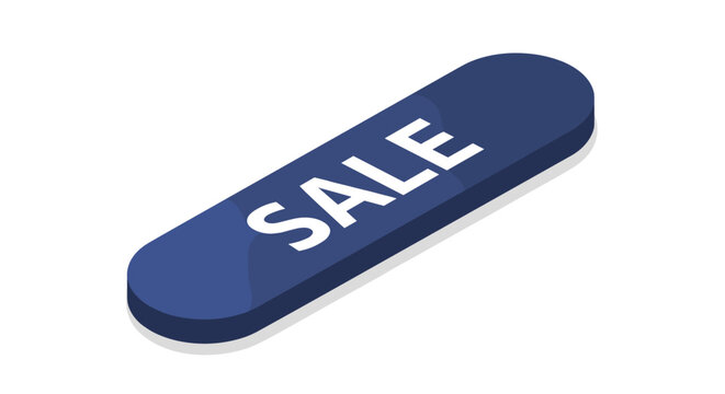 Isometric blue pill-shaped button with the word sale written in bold white letters for retail promotion and digital marketing ads.