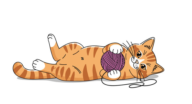Playful orange tabby cat lying on its back while holding a ball of purple yarn with its paws in a cute pose against a white background.