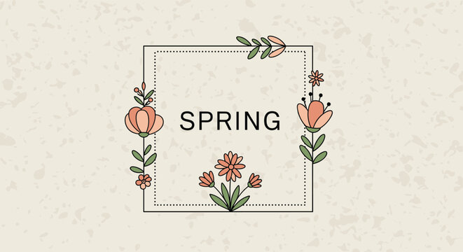 Decorative square frame adorned with colorful hand-drawn flowers and green leaves featuring the word spring inside on a textured background.
