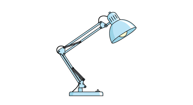 Classic blue metal adjustable desk lamp standing in a bent position ready to provide bright light for reading or working on a table.