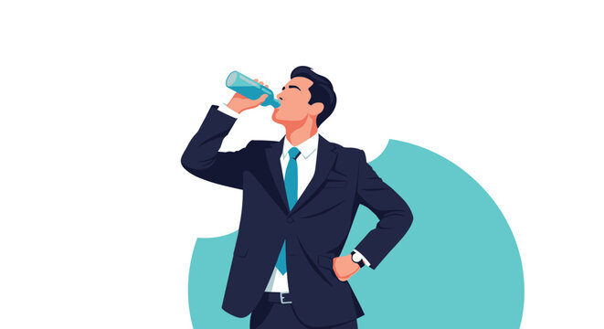 Professional businessman wearing a navy suit and tie drinking water from a blue plastic bottle to stay hydrated during a busy work day.