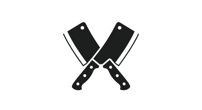 Simple black silhouette of two large butcher meat cleavers crossed in a symbolic way for a professional kitchen brand or shop logo.