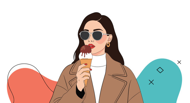 Fashionable woman wearing sunglasses and a brown autumn coat holding a chocolate ice cream cone in a stylish pose against abstract shapes.