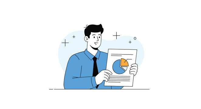 Smiling businessman in a blue shirt and black tie holding a paper report with a colorful pie chart to present data and growth results.