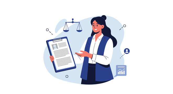 Professional woman in a blue vest holding a clipboard with a resume surrounded by legal and corporate business symbols.
