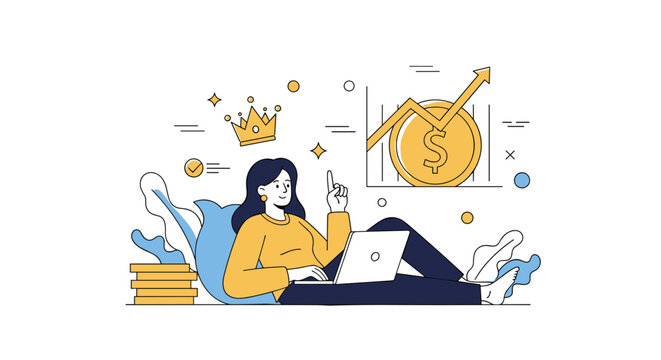 Woman lounging comfortably with a laptop next to gold coins and a financial growth chart representing personal business success.