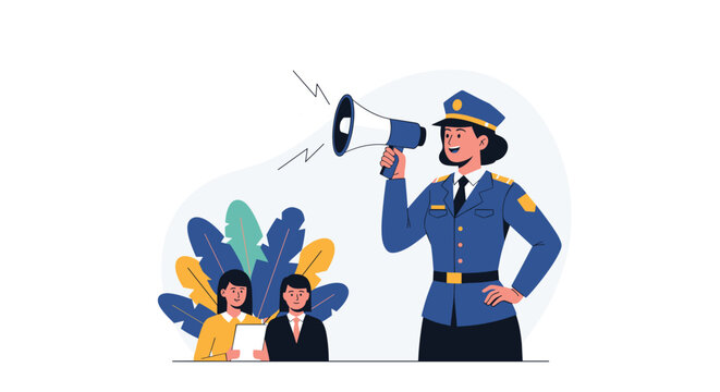 Female police officer in a blue uniform speaking through a megaphone while two professional women listen to her attentively.