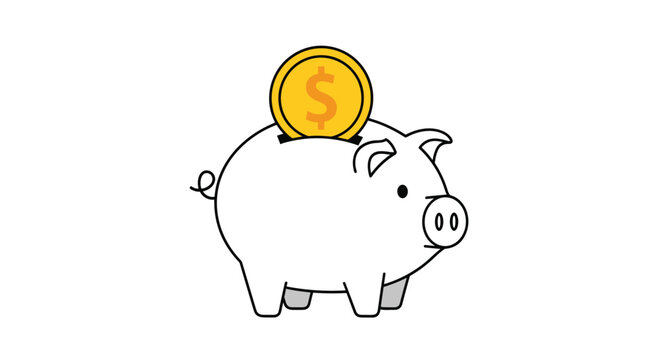 Simple line drawing of a white piggy bank with a large gold dollar coin being inserted into the slot for financial savings.