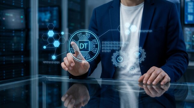 Person's hand interacts with a glowing blue digital interface displaying a circuit board with DT and binary code within a data center technology computer network internet