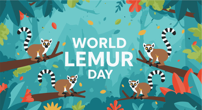 Ring-tailed lemurs in jungle foliage with colorful leaves and World Lemur Day banner in vibrant playful lighting for conservation awareness