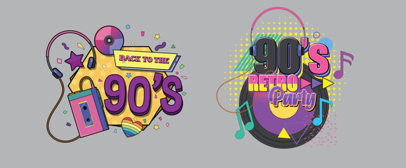 Fototapeta premium 90s disco music posters in retro cartoon style. Typography cards with characters, vinyl records and playful shapes, bright nostalgic party mood, expressive lettering and graphic compositions