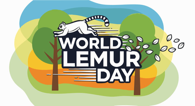 Ring-tailed lemur jumping on green trees with colorful autumn leaves in vibrant playful lighting for conservation awareness