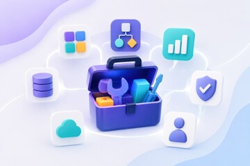 Fototapeta na wymiar 3D toolbox with digital tools and app icons for software maintenance data management and business technology concepts
