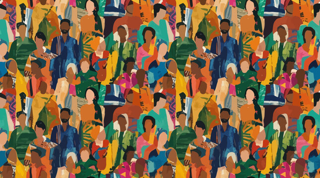 Colorful diverse people crowd abstract art seamless pattern