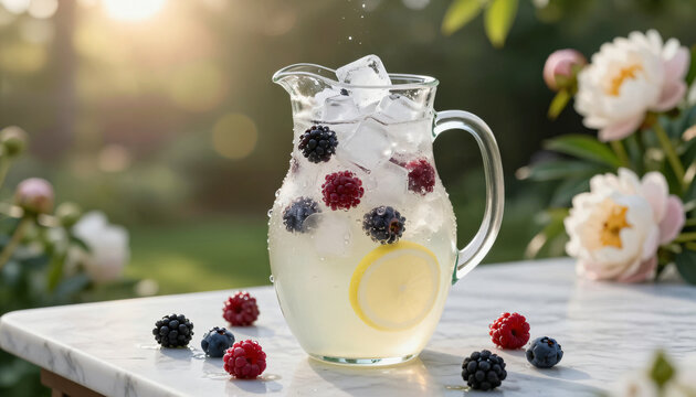 Frische Zitronenlimonade mit Beeren im Garten