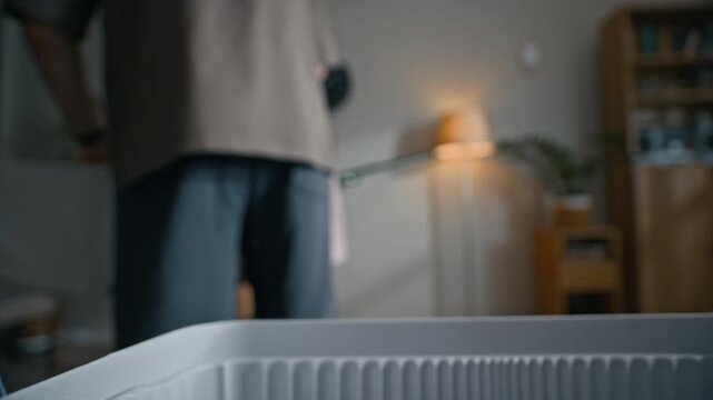 Closeup of unrecognizable man placing clean clothes on drying rack at home doing housework