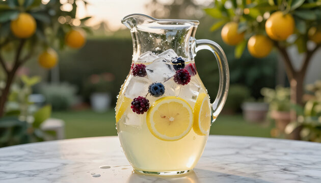 Zitronen Beeren Wasser in Karaffe auf Marmoroberfl&auml;che