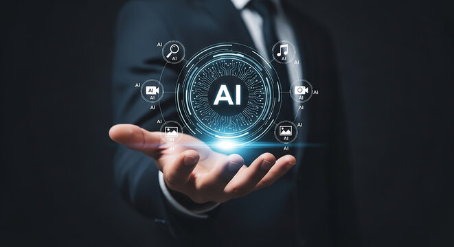 AI in Hands: A person, elegantly dressed, presents a futuristic interface, where the innovative technology of artificial intelligence and its possibilities are demonstrated.