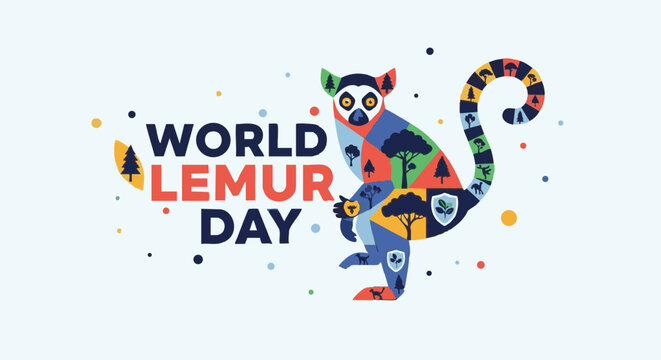 Colorful lemur illustration in vibrant playful lighting for World Lemur Day awareness campaign