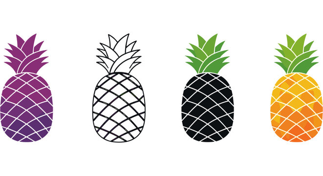 Stylized pineapple icons in purple, black, green, and white for modern logo and branding designs.
