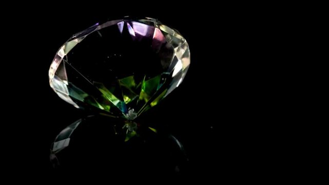 Rotating Iridescent Diamond Gemstone on Black Reflective Surface