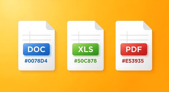 Flat design document file icons for doc xls pdf formats with hex codes on vibrant orange background