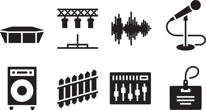 Stage lighting speaker audio waveform microphone fence mixing console and badge icons set in outline