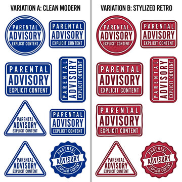 Vector image featuring parental advisory labels in two variations, clean modern and stylized retro designs on white background for explicit content warning.