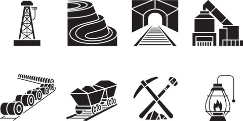 Fototapeta premium Industry and mining icons set in outline solid and colored styles with conveyor belt derrick tunnel