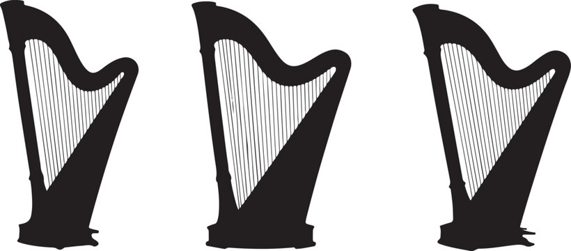 Three black and white harp silhouettes in different angles musical instruments