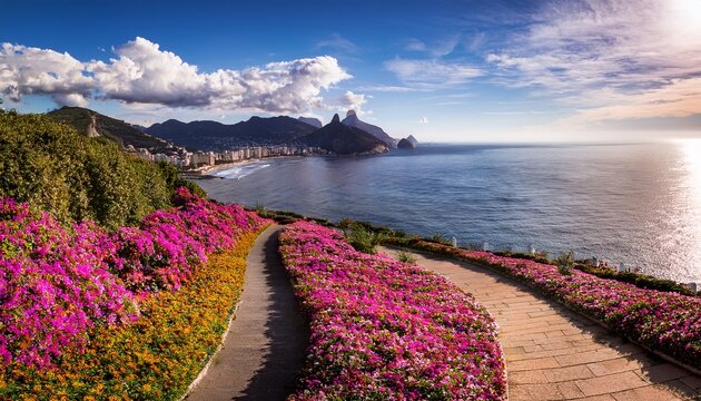 a scenic pathway winds through gardens filled with flowers the view shows a coastal city by the water with mountains in the distance the sky has clouds above the ocean