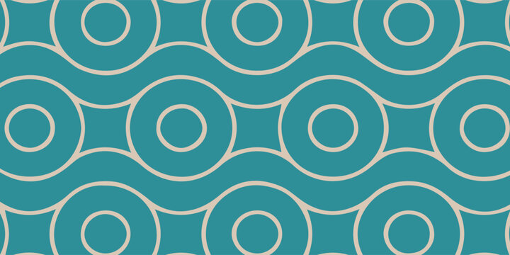 Seamless teal pattern with white interlocking circles and wavy lines.