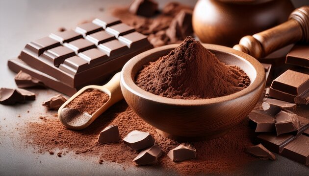 close up of chocolate pieces and cocoa powder with mortar and pestle