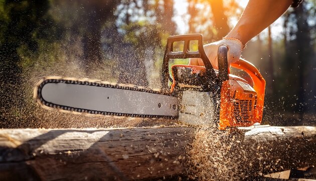 close up of chainsaw cutting wood with flying sawdust