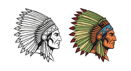 Profile portrait of a Native American chief wearing a traditional eagle feather war bonnet in both color and line art versions. © Mr
