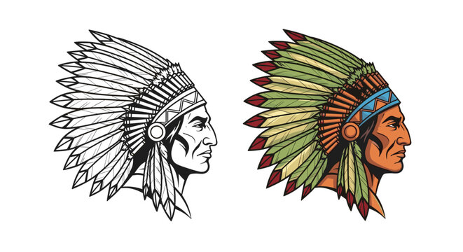 Profile portrait of a Native American chief wearing a traditional eagle feather war bonnet in both color and line art versions.