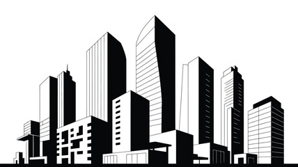 A striking black and white illustration depicting a modern city skyline © MdSafi